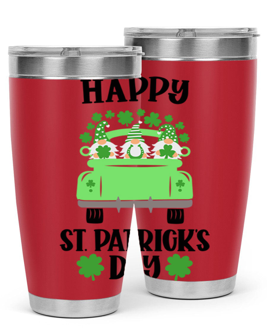 Happy St Patricks Day Style 92# 20oz tumbler featuring a vibrant design, double wall vacuum insulation, and a drink-thru lid.