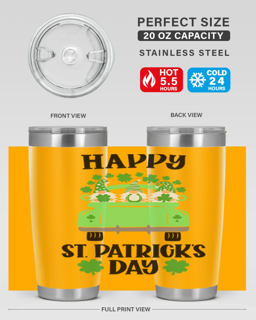 Happy St Patricks Day Style 92# 20oz tumbler featuring a vibrant design, double wall vacuum insulation, and a drink-thru lid.