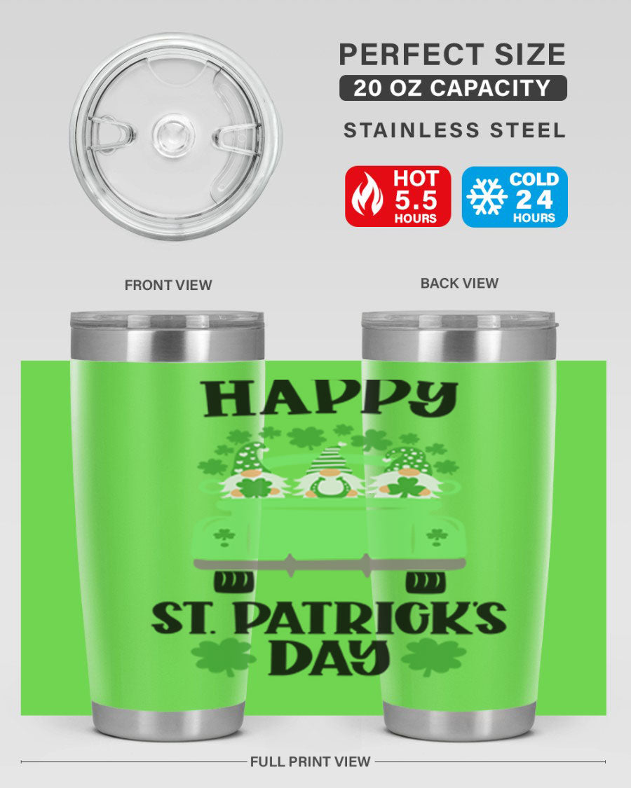 Happy St Patricks Day Style 92# 20oz tumbler featuring a vibrant design, double wall vacuum insulation, and a drink-thru lid.