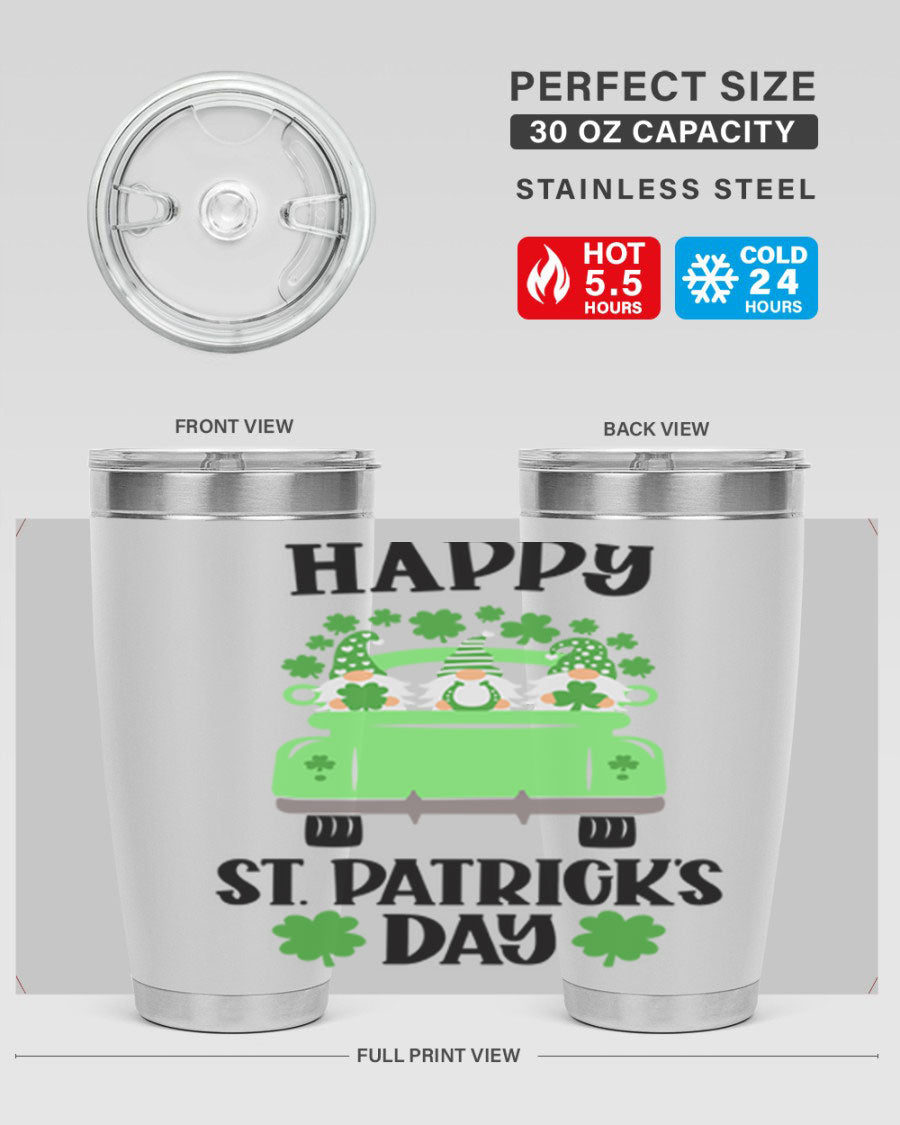 Happy St Patricks Day Style 93# Tumbler featuring a festive design, double wall vacuum insulation, and a press-in lid.