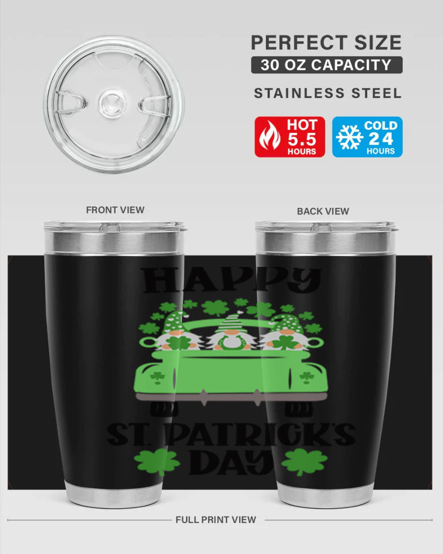 Happy St Patricks Day Style 93# Tumbler featuring a festive design, double wall vacuum insulation, and a press-in lid.