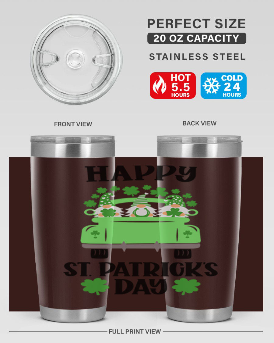 Happy St Patricks Day Style 93# Tumbler featuring a festive design, double wall vacuum insulation, and a press-in lid.