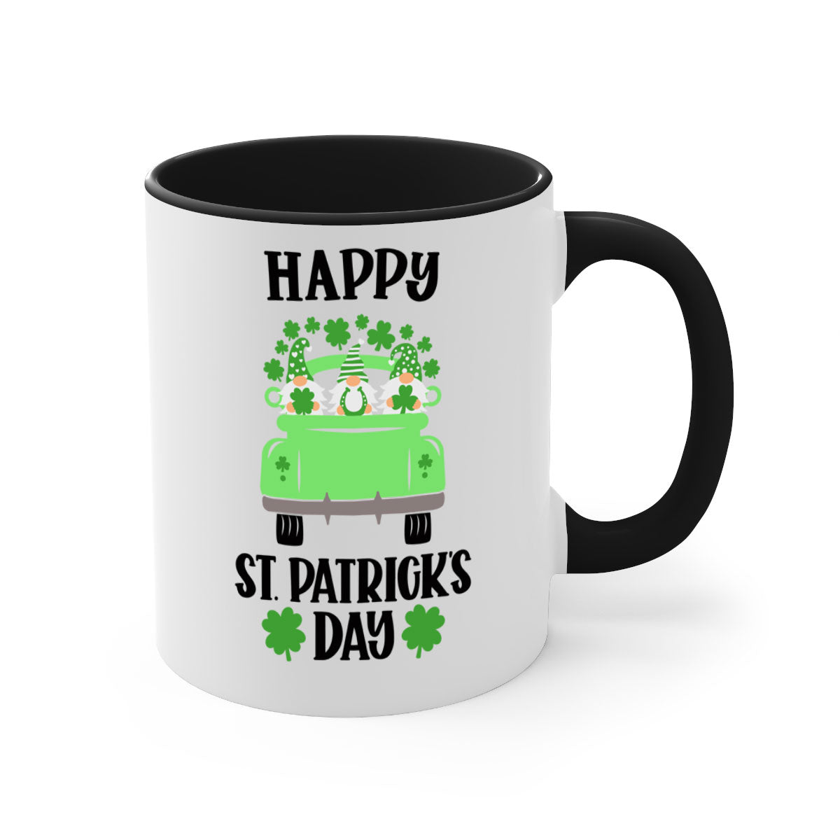 Happy St Patricks Day Style 93# Mug with a glossy finish, featuring a colored handle and interior, available in five vibrant colors.