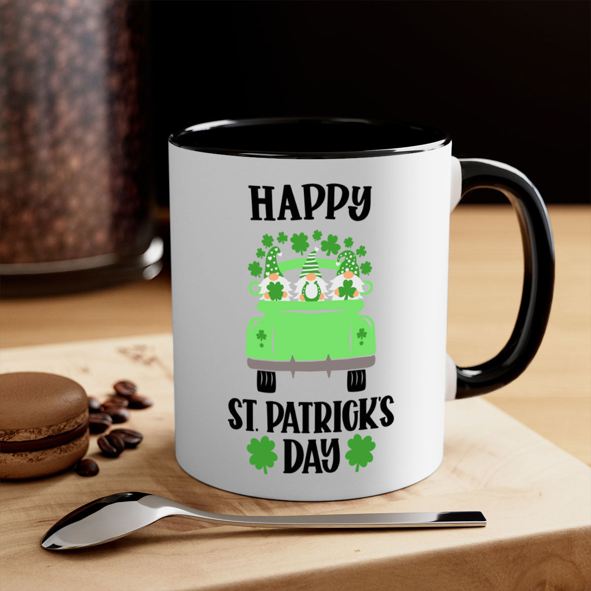 Happy St Patricks Day Style 93# Mug with a glossy finish, featuring a colored handle and interior, available in five vibrant colors.
