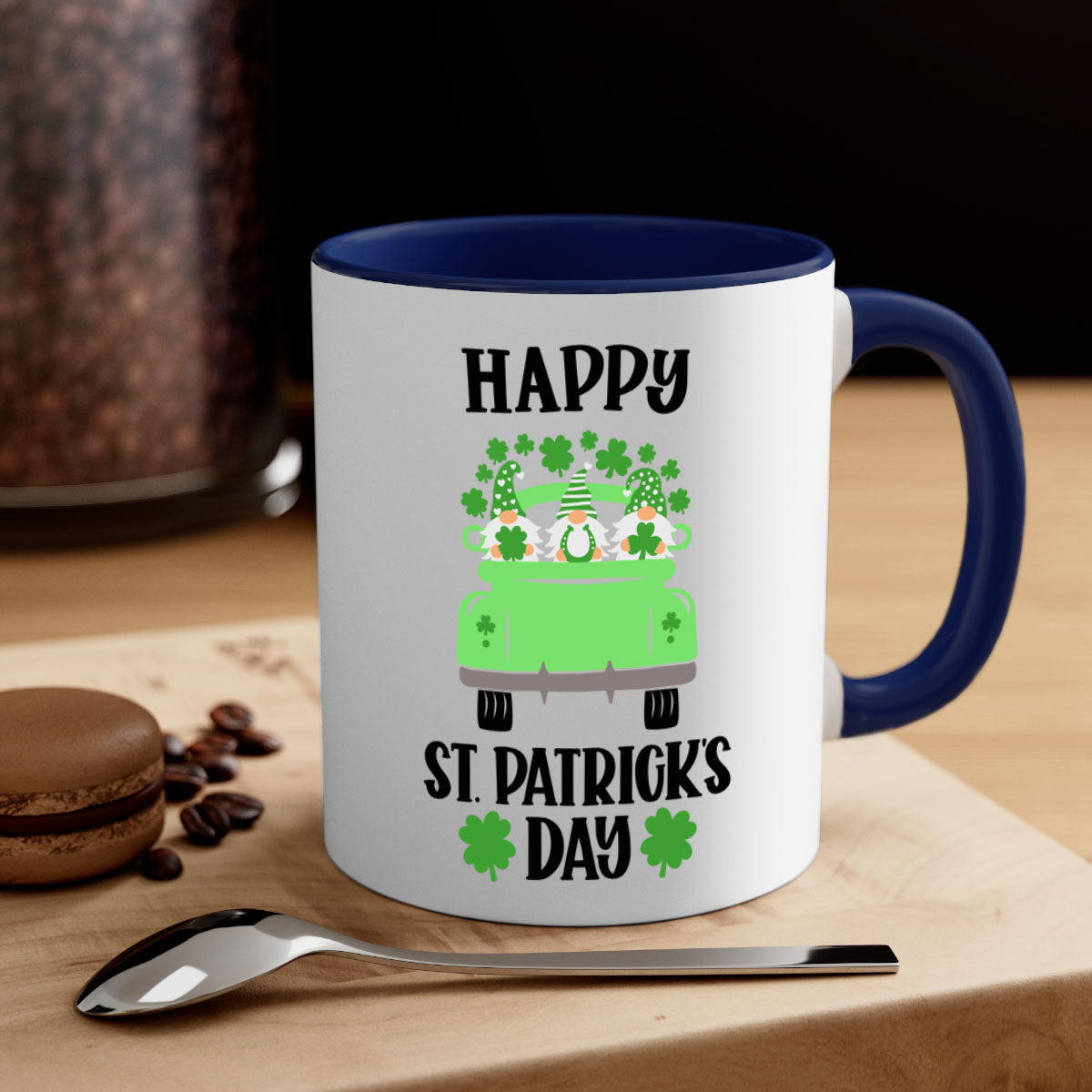 Happy St Patricks Day Style 93# Mug with a glossy finish, featuring a colored handle and interior, available in five vibrant colors.