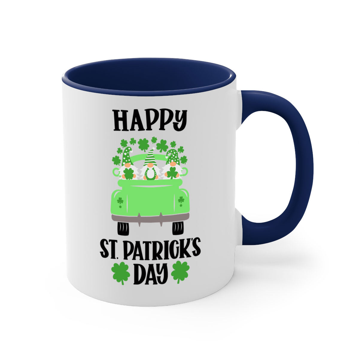 Happy St Patricks Day Style 93# Mug with a glossy finish, featuring a colored handle and interior, available in five vibrant colors.