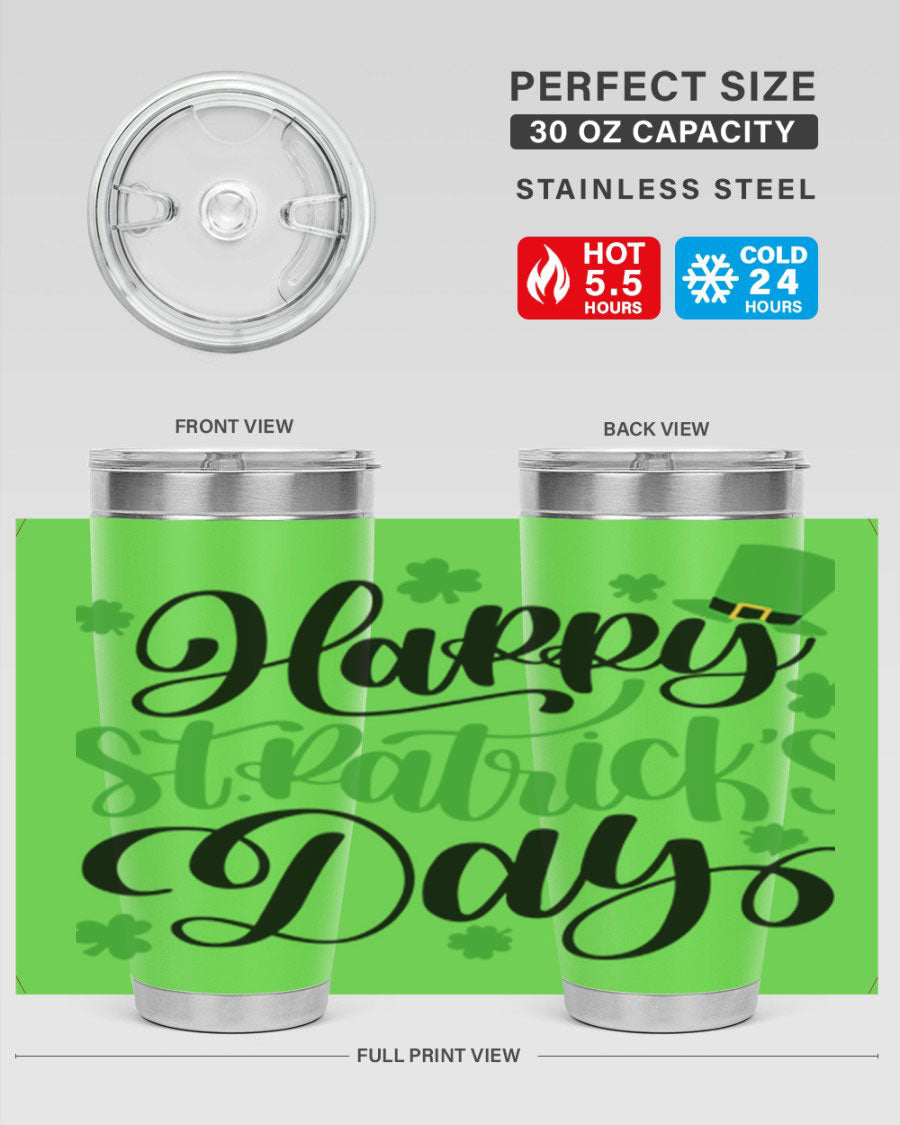 Happy St. Patrick's Day Style 95# 20oz tumbler featuring a vibrant design, double wall vacuum insulation, and a drink-thru lid.