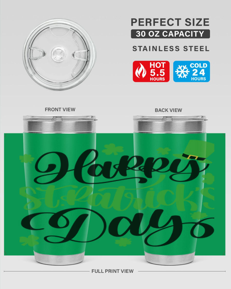 Happy St. Patrick's Day Style 95# 20oz tumbler featuring a vibrant design, double wall vacuum insulation, and a drink-thru lid.