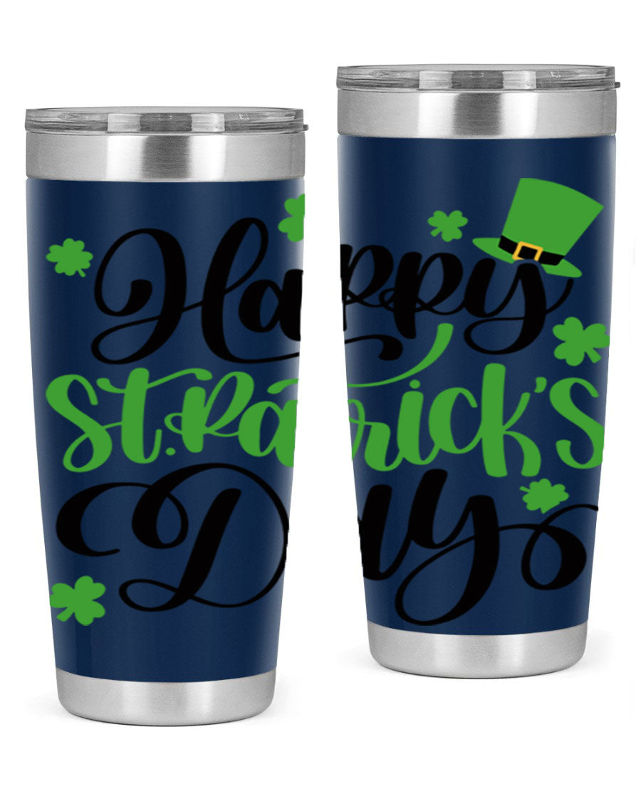 Happy St. Patrick's Day Style 95# 20oz tumbler featuring a vibrant design, double wall vacuum insulation, and a drink-thru lid.