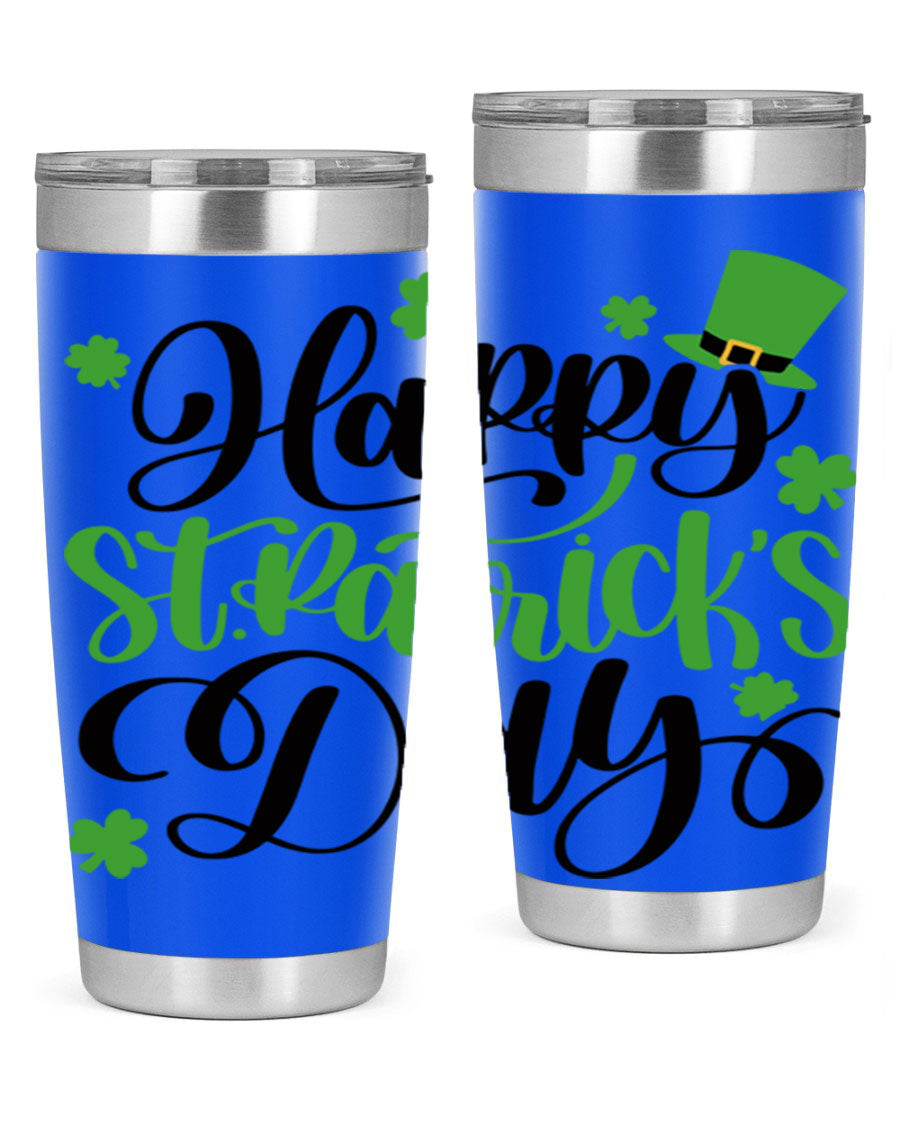 Happy St. Patrick's Day Style 95# 20oz tumbler featuring a vibrant design, double wall vacuum insulation, and a drink-thru lid.