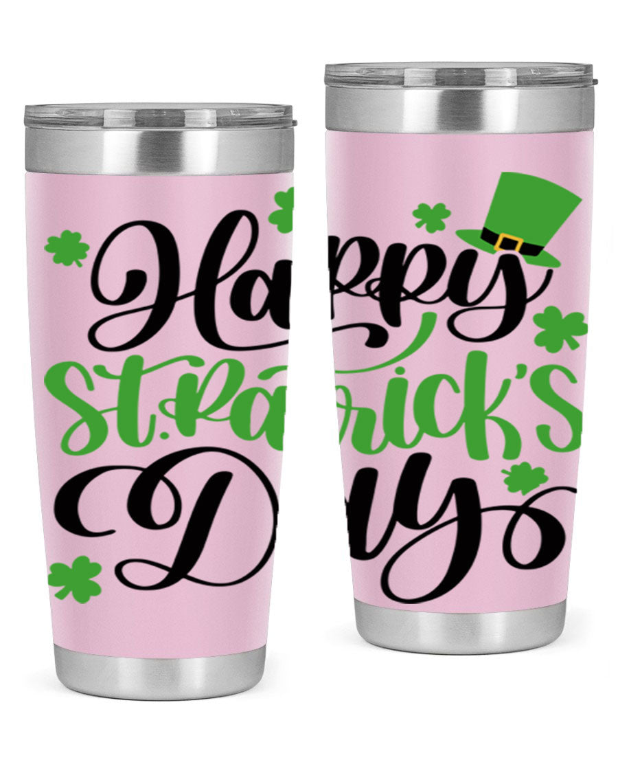 Happy St. Patrick's Day Style 95# 20oz tumbler featuring a vibrant design, double wall vacuum insulation, and a drink-thru lid.