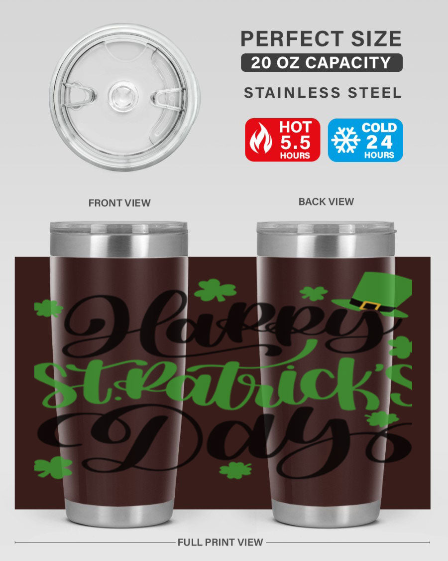 Happy St. Patrick's Day Style 95# 20oz tumbler featuring a vibrant design, double wall vacuum insulation, and a drink-thru lid.
