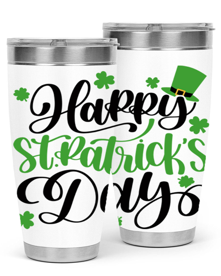 Happy St. Patrick's Day Style 95# 20oz tumbler featuring a vibrant design, double wall vacuum insulation, and a drink-thru lid.