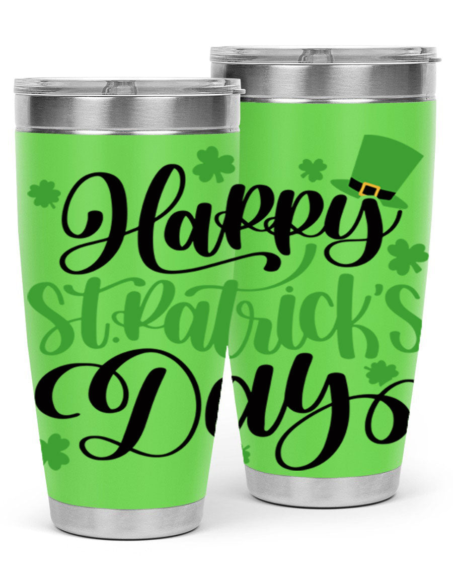 Happy St. Patrick's Day Style 95# 20oz tumbler featuring a vibrant design, double wall vacuum insulation, and a drink-thru lid.