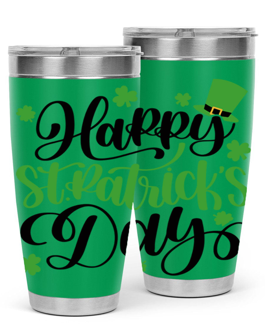 Happy St. Patrick's Day Style 95# 20oz tumbler featuring a vibrant design, double wall vacuum insulation, and a drink-thru lid.
