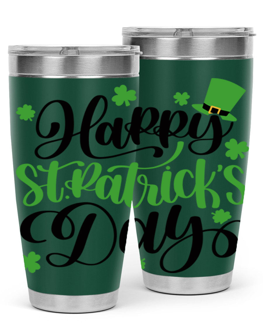 Happy St. Patrick's Day Style 95# 20oz tumbler featuring a vibrant design, double wall vacuum insulation, and a drink-thru lid.