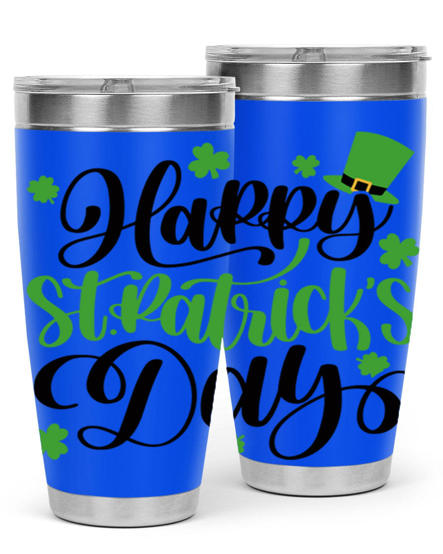 Happy St. Patrick's Day Style 95# 20oz tumbler featuring a vibrant design, double wall vacuum insulation, and a drink-thru lid.