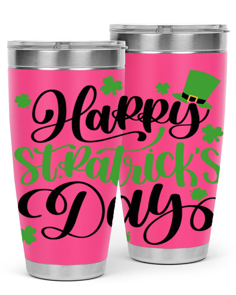 Happy St. Patrick's Day Style 95# 20oz tumbler featuring a vibrant design, double wall vacuum insulation, and a drink-thru lid.