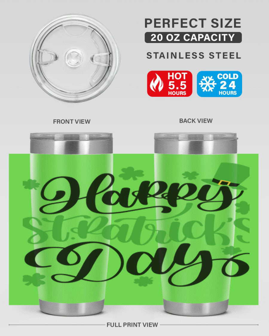 Happy St. Patrick's Day Style 95# 20oz tumbler featuring a vibrant design, double wall vacuum insulation, and a drink-thru lid.