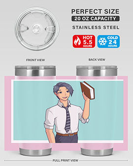 Happy Teacher 185# Anime Tumbler in vibrant colors, showcasing its double wall vacuum stainless steel design and drink-thru lid.