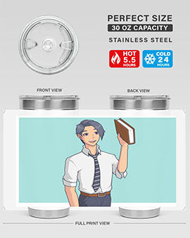 Happy Teacher 185# Anime Tumbler in vibrant colors, showcasing its double wall vacuum stainless steel design and drink-thru lid.