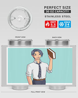 Happy Teacher 185# Anime Tumbler in vibrant colors, showcasing its double wall vacuum stainless steel design and drink-thru lid.