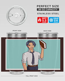 Happy Teacher 185# Anime Tumbler in vibrant colors, showcasing its double wall vacuum stainless steel design and drink-thru lid.