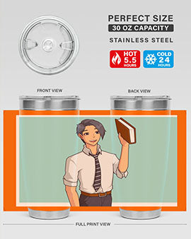 Happy Teacher 185# Anime Tumbler in vibrant colors, showcasing its double wall vacuum stainless steel design and drink-thru lid.