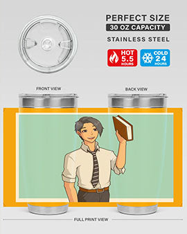 Happy Teacher 185# Anime Tumbler in vibrant colors, showcasing its double wall vacuum stainless steel design and drink-thru lid.