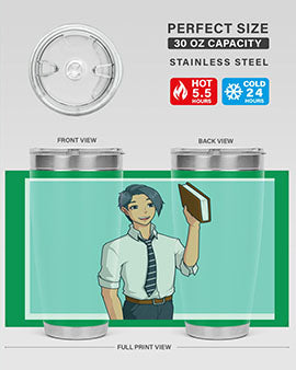 Happy Teacher 185# Anime Tumbler in vibrant colors, showcasing its double wall vacuum stainless steel design and drink-thru lid.