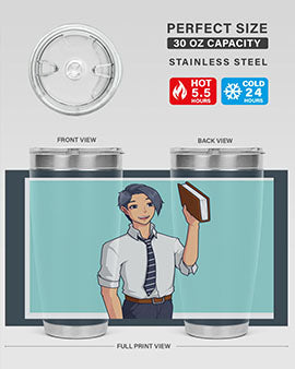 Happy Teacher 185# Anime Tumbler in vibrant colors, showcasing its double wall vacuum stainless steel design and drink-thru lid.