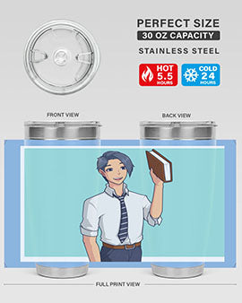 Happy Teacher 185# Anime Tumbler in vibrant colors, showcasing its double wall vacuum stainless steel design and drink-thru lid.