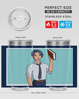 Happy Teacher 185# Anime Tumbler in vibrant colors, showcasing its double wall vacuum stainless steel design and drink-thru lid.