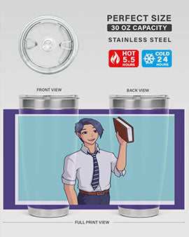 Happy Teacher 185# Anime Tumbler in vibrant colors, showcasing its double wall vacuum stainless steel design and drink-thru lid.