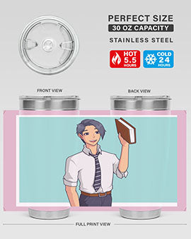 Happy Teacher 185# Anime Tumbler in vibrant colors, showcasing its double wall vacuum stainless steel design and drink-thru lid.
