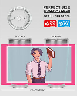 Happy Teacher 185# Anime Tumbler in vibrant colors, showcasing its double wall vacuum stainless steel design and drink-thru lid.