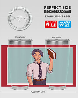 Happy Teacher 185# Anime Tumbler in vibrant colors, showcasing its double wall vacuum stainless steel design and drink-thru lid.