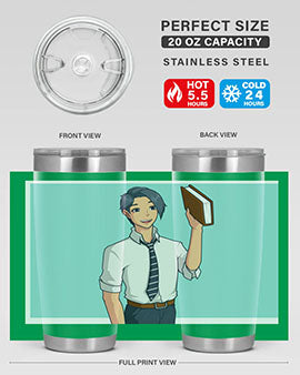 Happy Teacher 185# Anime Tumbler in vibrant colors, showcasing its double wall vacuum stainless steel design and drink-thru lid.