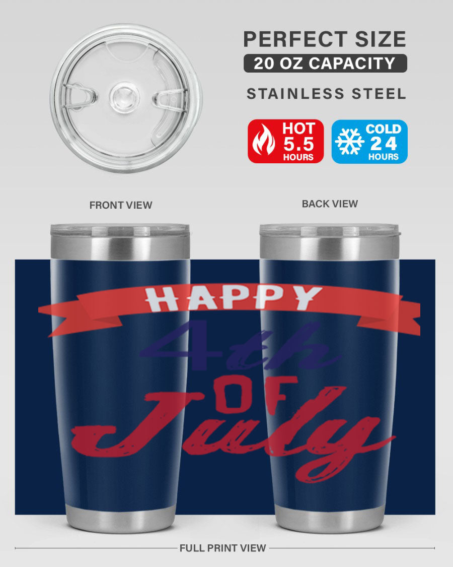 Happy 4th of July tumbler featuring a vibrant design, made from stainless steel with a double wall vacuum for insulation.