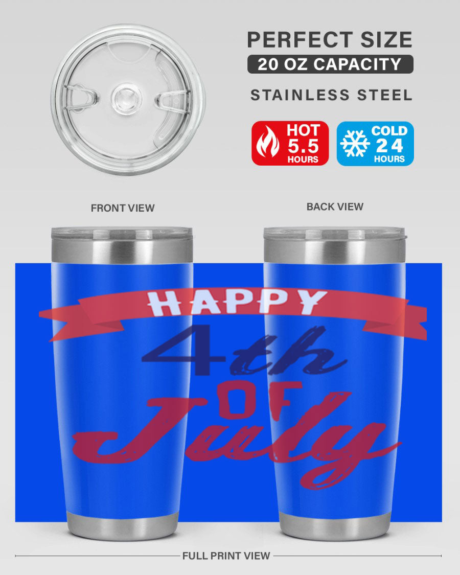 Happy 4th of July tumbler featuring a vibrant design, made from stainless steel with a double wall vacuum for insulation.