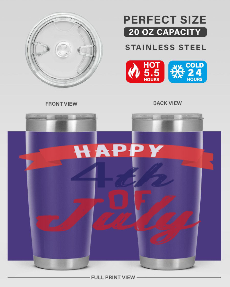 Happy 4th of July tumbler featuring a vibrant design, made from stainless steel with a double wall vacuum for insulation.
