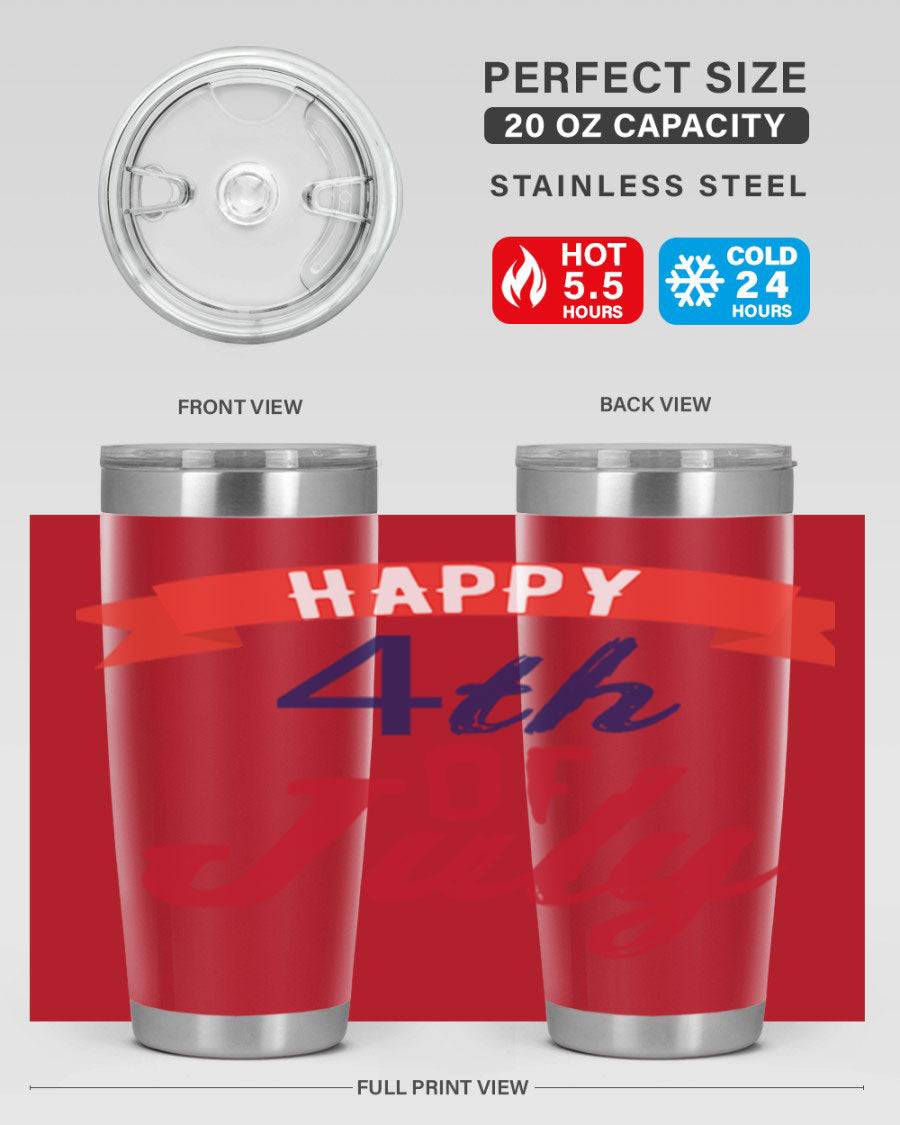 Happy 4th of July tumbler featuring a vibrant design, made from stainless steel with a double wall vacuum for insulation.