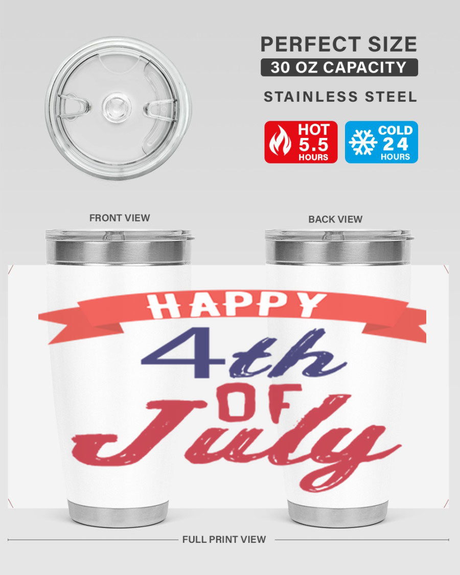 Happy 4th of July tumbler featuring a vibrant design, made from stainless steel with a double wall vacuum for insulation.