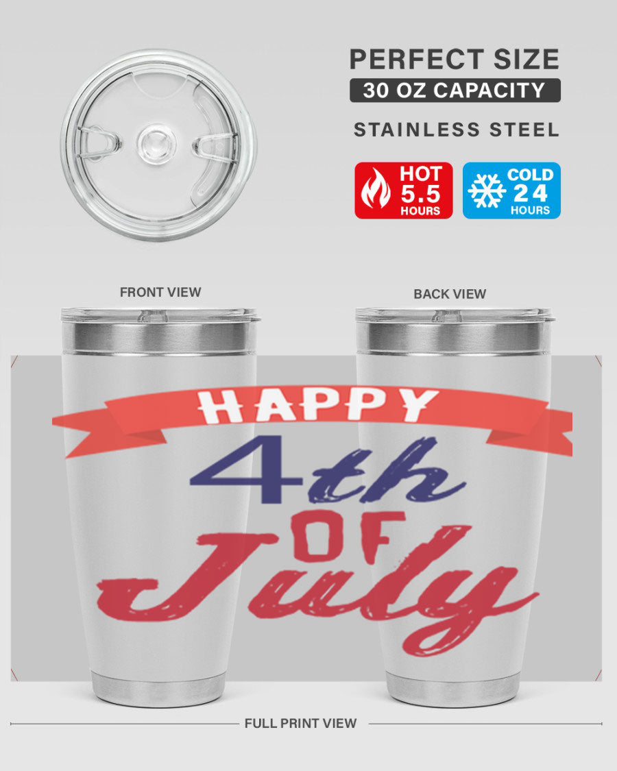 Happy 4th of July tumbler featuring a vibrant design, made from stainless steel with a double wall vacuum for insulation.