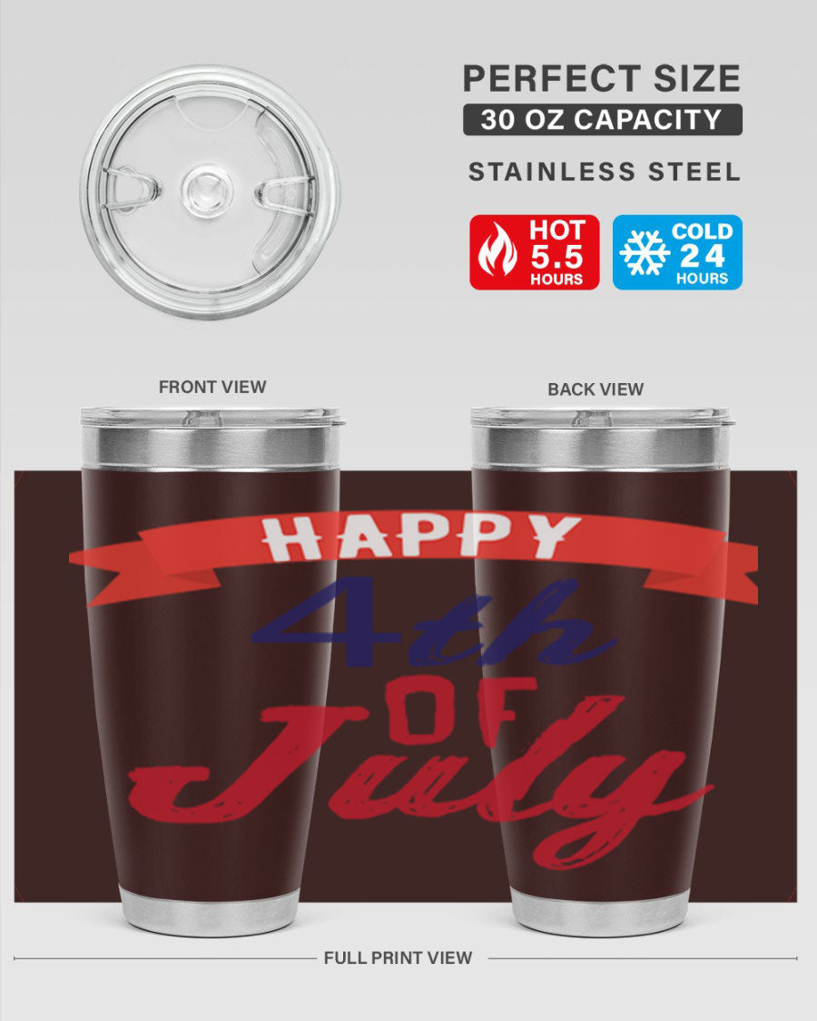 Happy 4th of July tumbler featuring a vibrant design, made from stainless steel with a double wall vacuum for insulation.