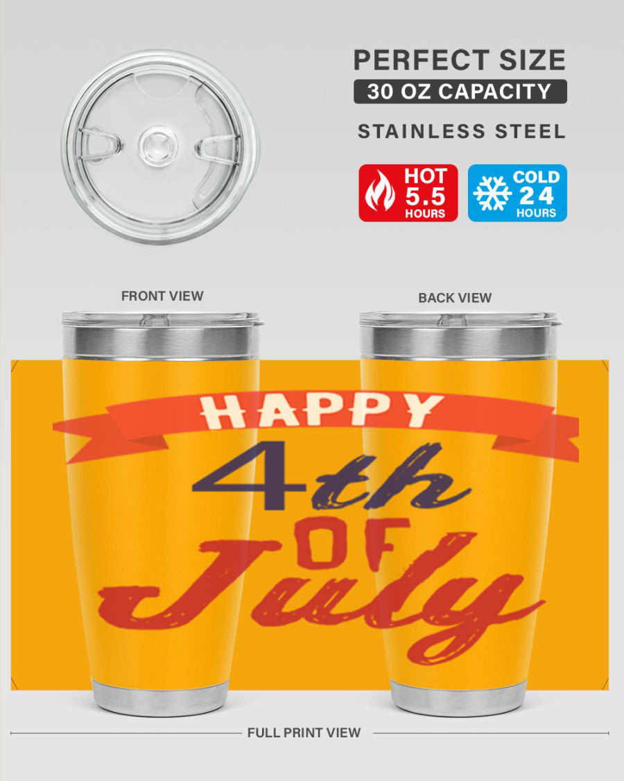 Happy 4th of July tumbler featuring a vibrant design, made from stainless steel with a double wall vacuum for insulation.
