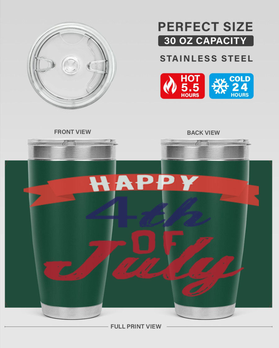 Happy 4th of July tumbler featuring a vibrant design, made from stainless steel with a double wall vacuum for insulation.