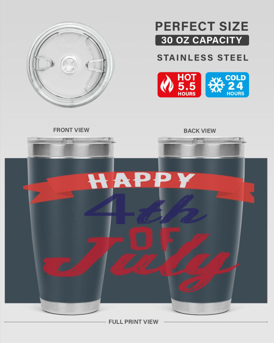 Happy 4th of July tumbler featuring a vibrant design, made from stainless steel with a double wall vacuum for insulation.