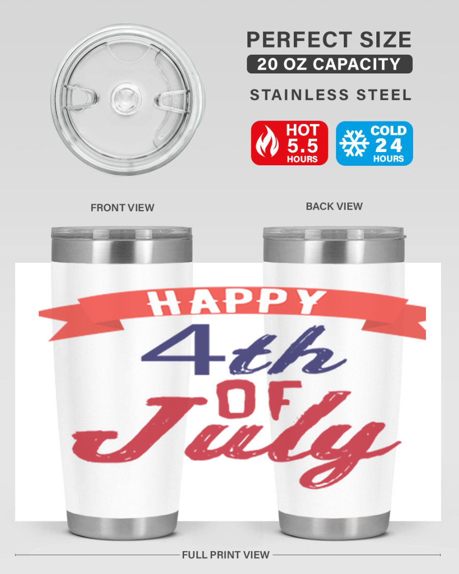Happy 4th of July tumbler featuring a vibrant design, made from stainless steel with a double wall vacuum for insulation.