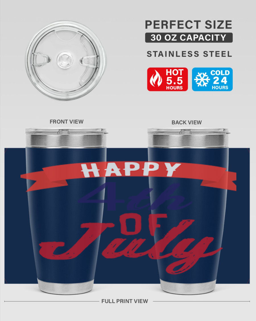 Happy 4th of July tumbler featuring a vibrant design, made from stainless steel with a double wall vacuum for insulation.